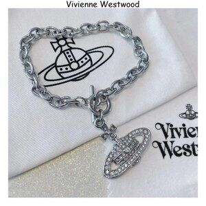 Vivienne Westwood small 3D orbit green rhinestone silver necklace